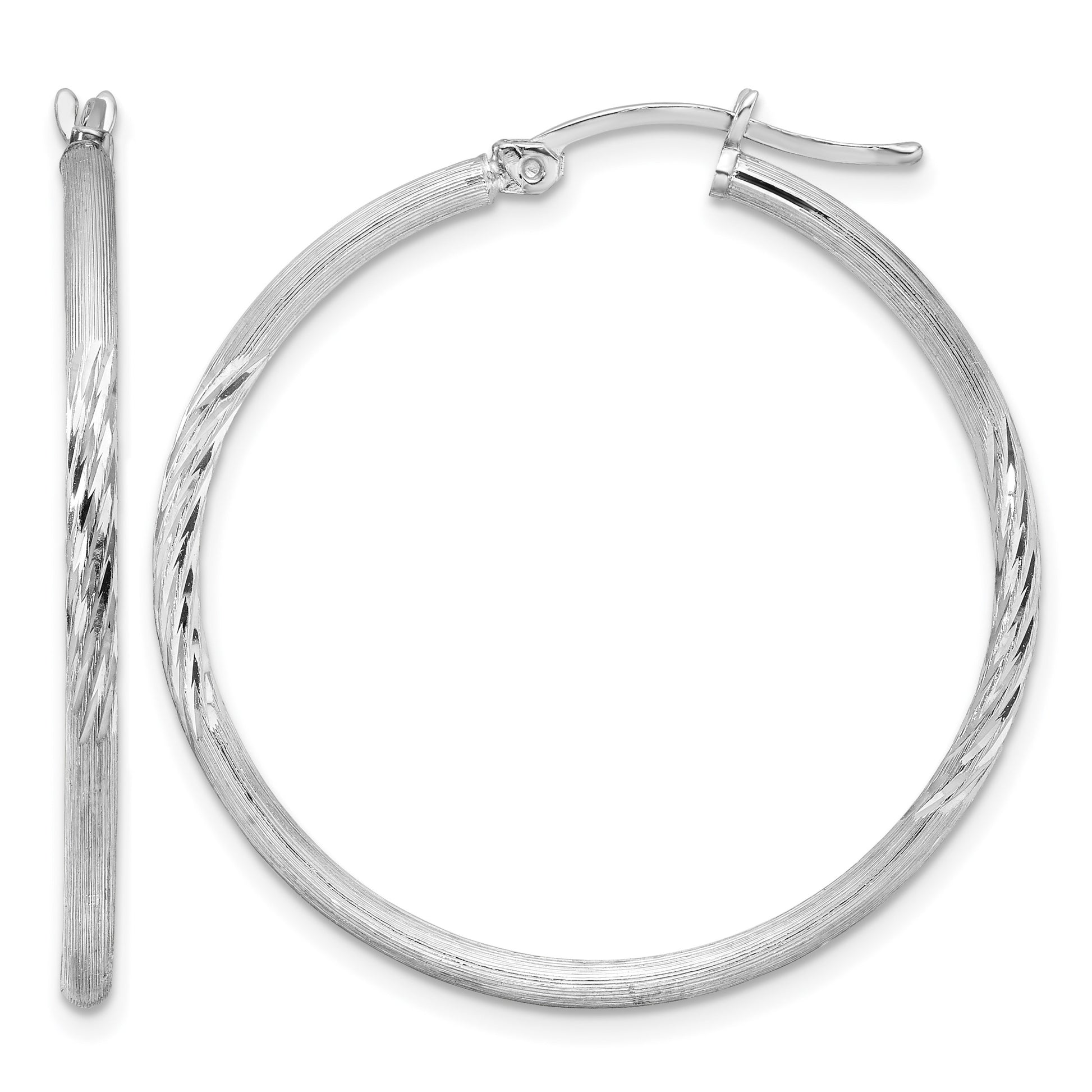 Sterling Silver Rhodium-plated 2mm Polished/Satin Diamond-cut Hoop Earrings