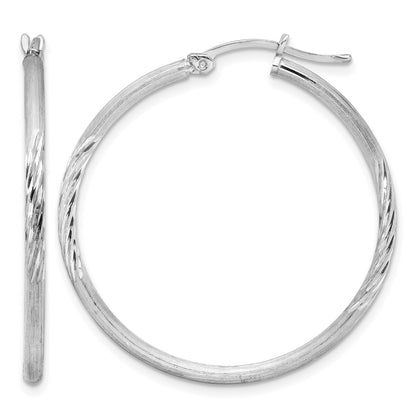 Sterling Silver Rhodium-plated 2mm Polished/Satin Diamond-cut Hoop Earrings