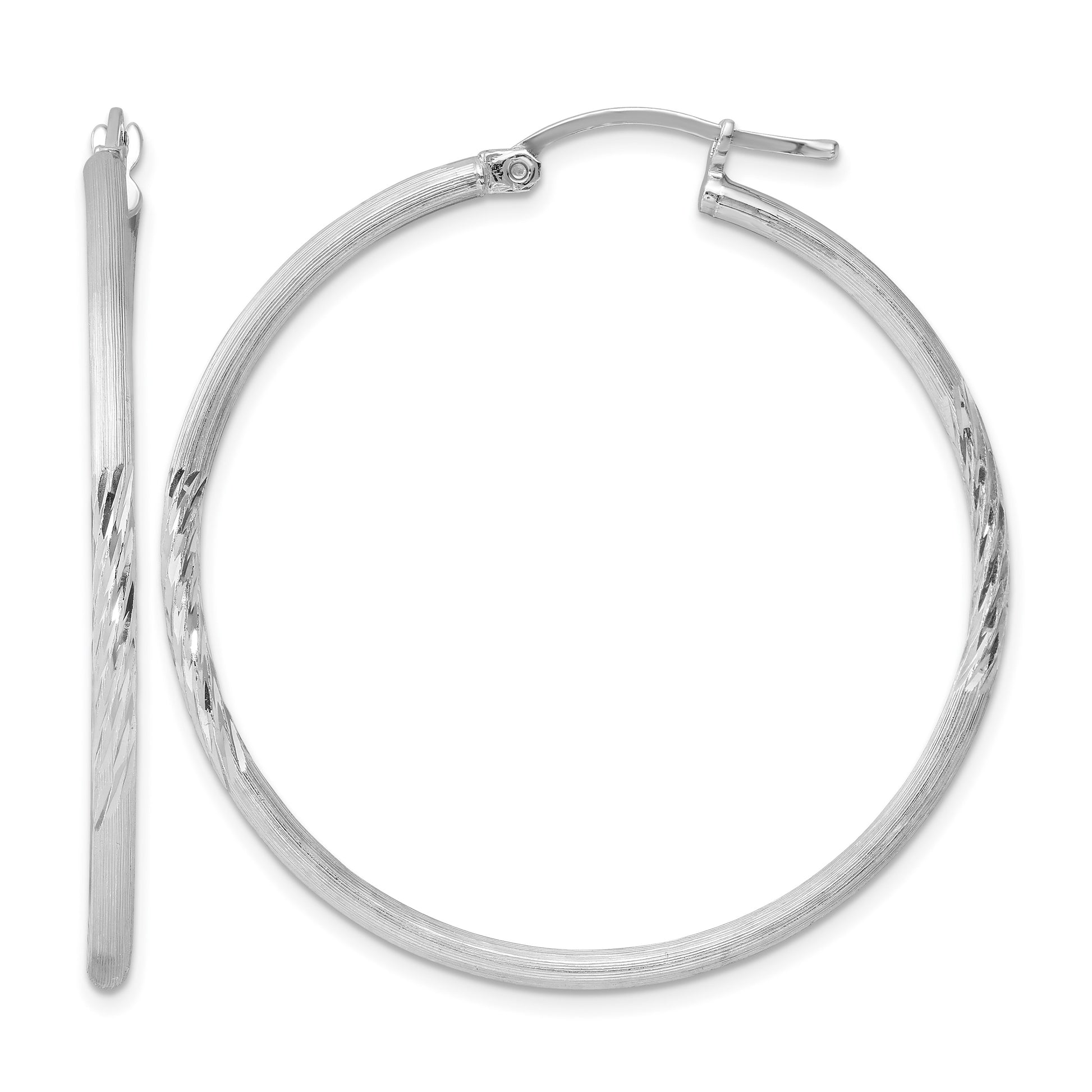 Sterling Silver Rhodium-plated 2mm Polished/Satin Diamond-cut Hoop Earrings