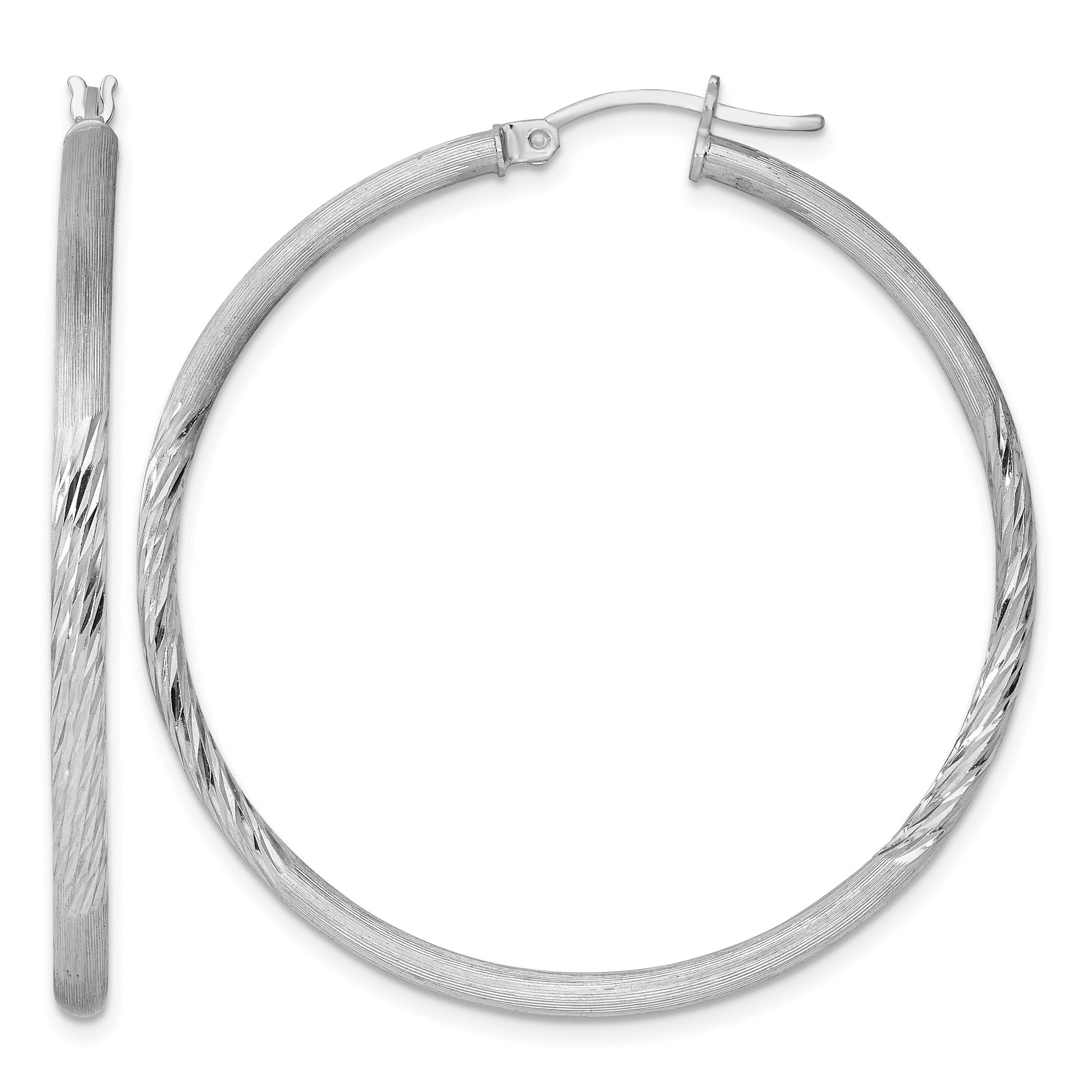 Sterling Silver Rhod-plated 2.5mm Polished/Satin Diamond-cut Hoop Earrings