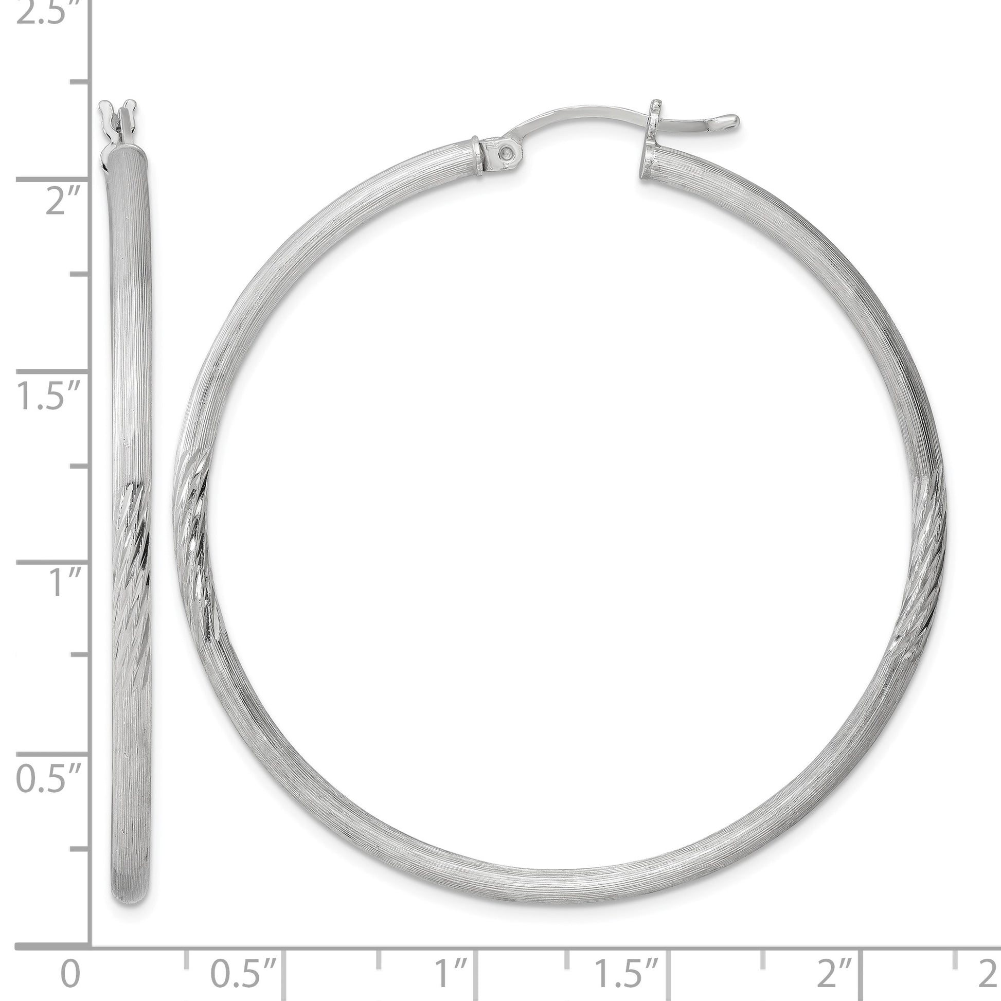 Sterling Silver Rhod-plated 2.5mm Polished/Satin Diamond-cut Hoop Earrings
