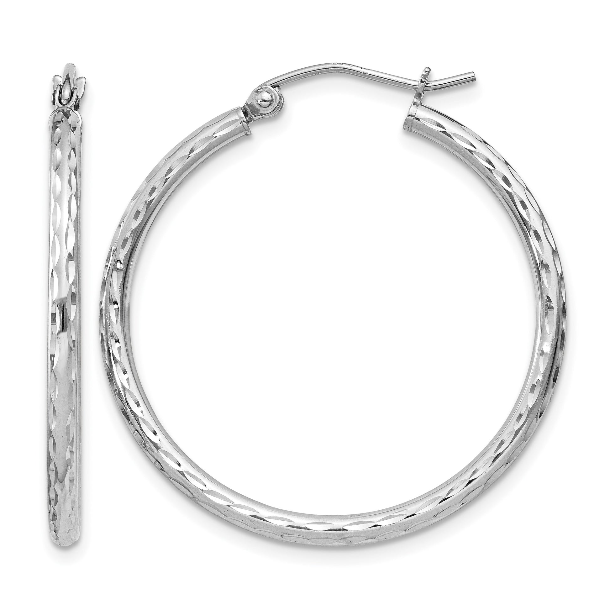 Sterling Silver Rhodium-plated 2mm Diamond Cut Hoop Earrings