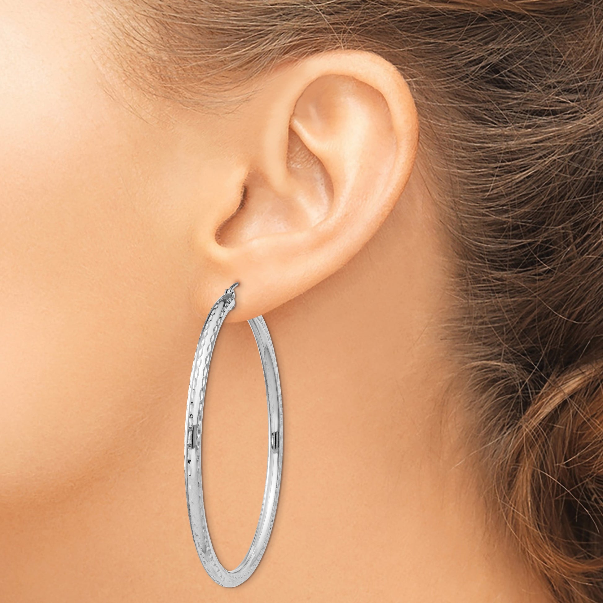 Sterling Silver Rhodium-plated 3.00mm Diamond Cut Hoop Earrings
