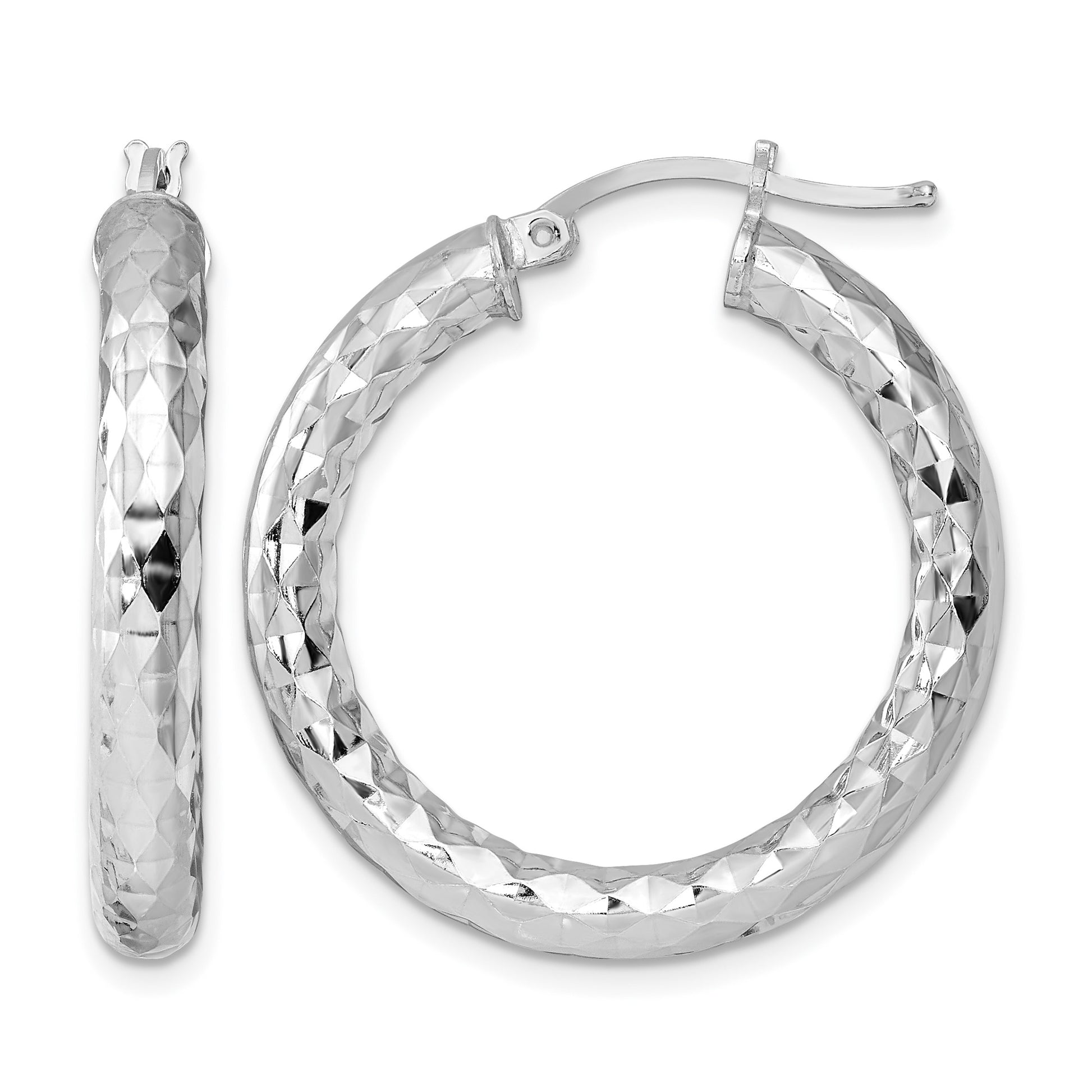Sterling Silver Rhodium-plated 4.00mm Diamond Cut Hoop Earrings