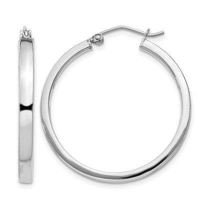 Sterling Silver RH-plated Concave 3x1x30mm Rectangular Tube Hoop Earrings
