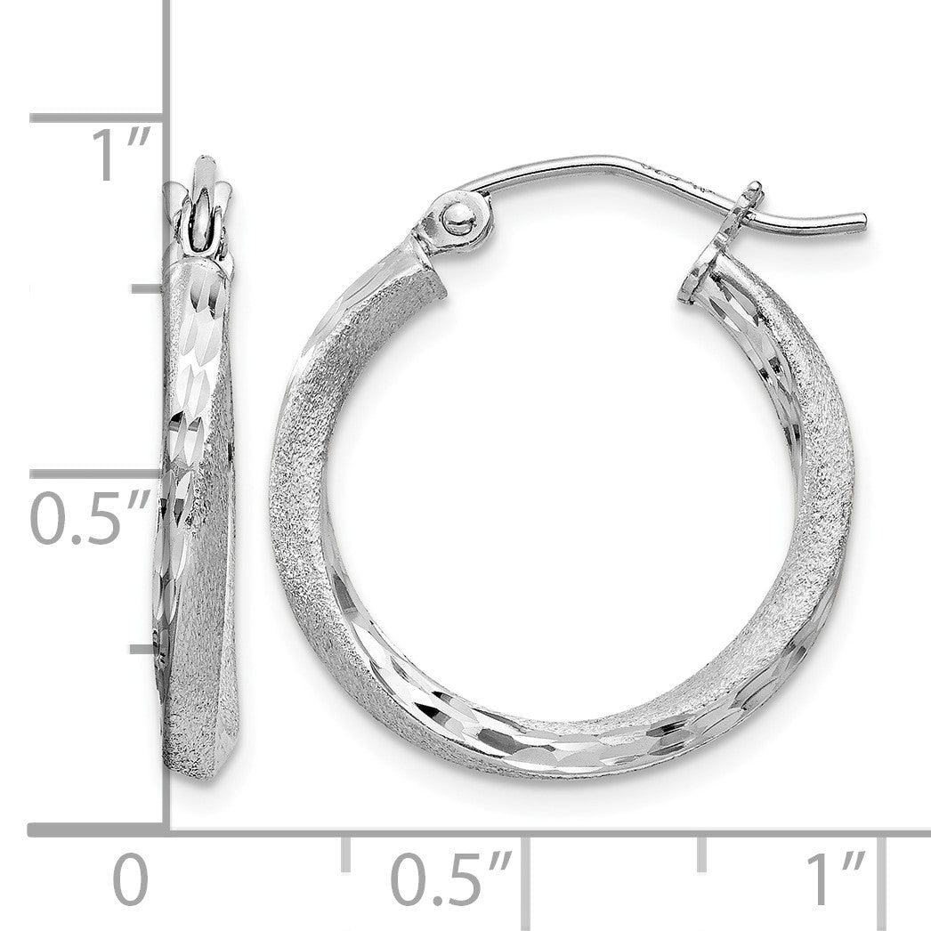 Sterling Silver RH-plated Satin Diamond-cut 2.5x20mm Twisted Hoop Earrings