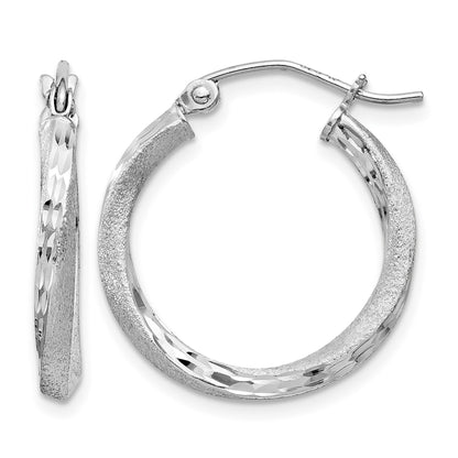 Sterling Silver RH-plated Satin Diamond-cut 2.5x20mm Twisted Hoop Earrings