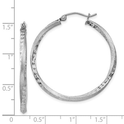 Sterling Silver RH-plated Satin Diamond-cut 2.5x35mm Twisted Hoop Earrings