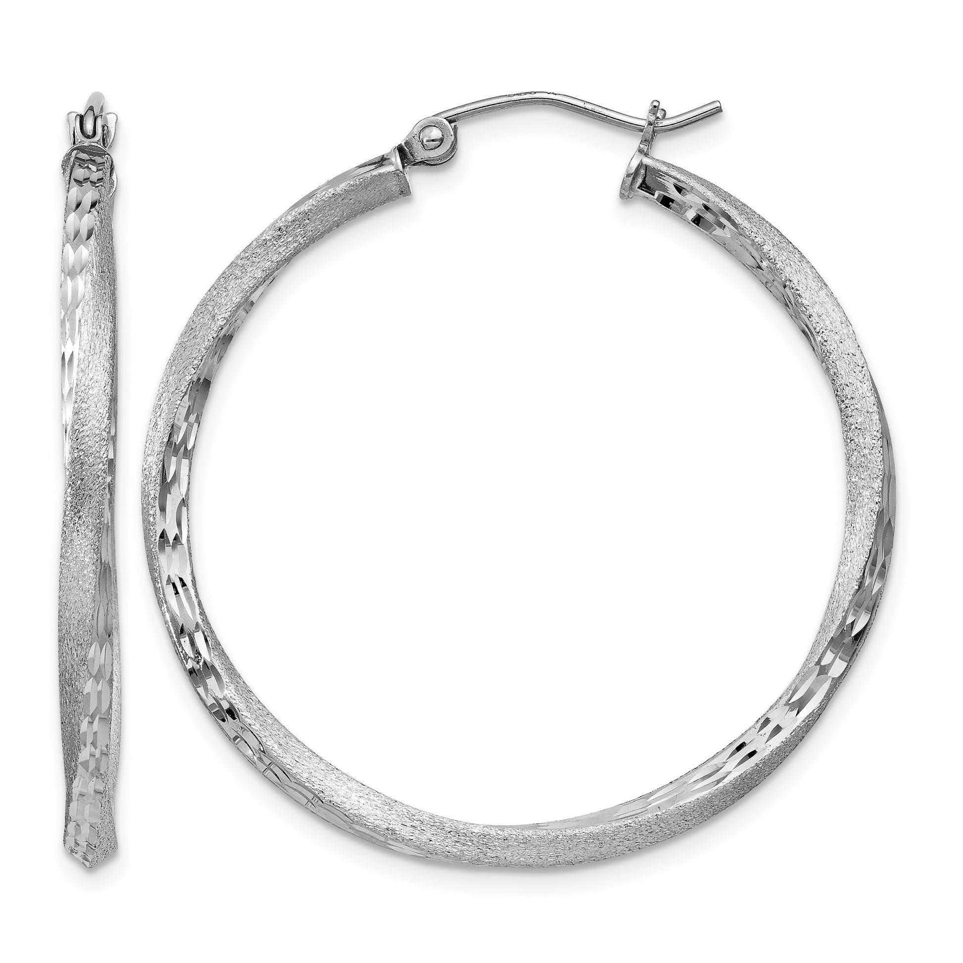 Sterling Silver RH-plated Satin Diamond-cut 2.5x35mm Twisted Hoop Earrings