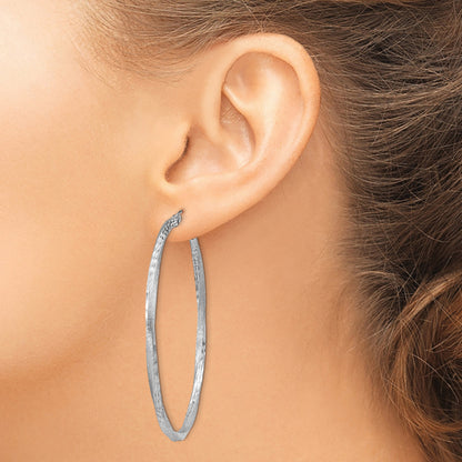 Sterling Silver RH-plated Satin Diamond-cut 2.5x55mm Twisted Hoop Earrings