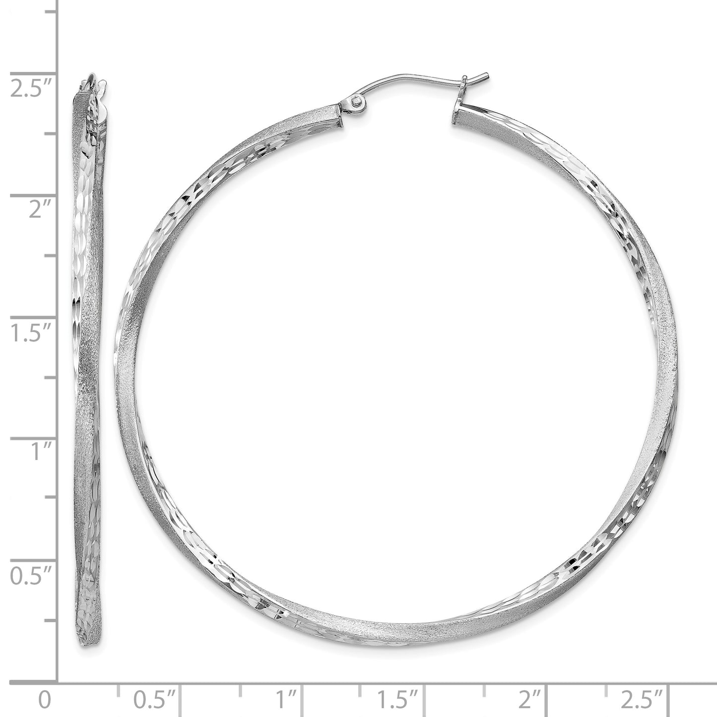 Sterling Silver RH-plated Satin Diamond-cut 2.5x55mm Twisted Hoop Earrings