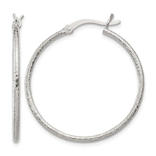 Sterling Silver Textured 2x30mm Hoop Earrings