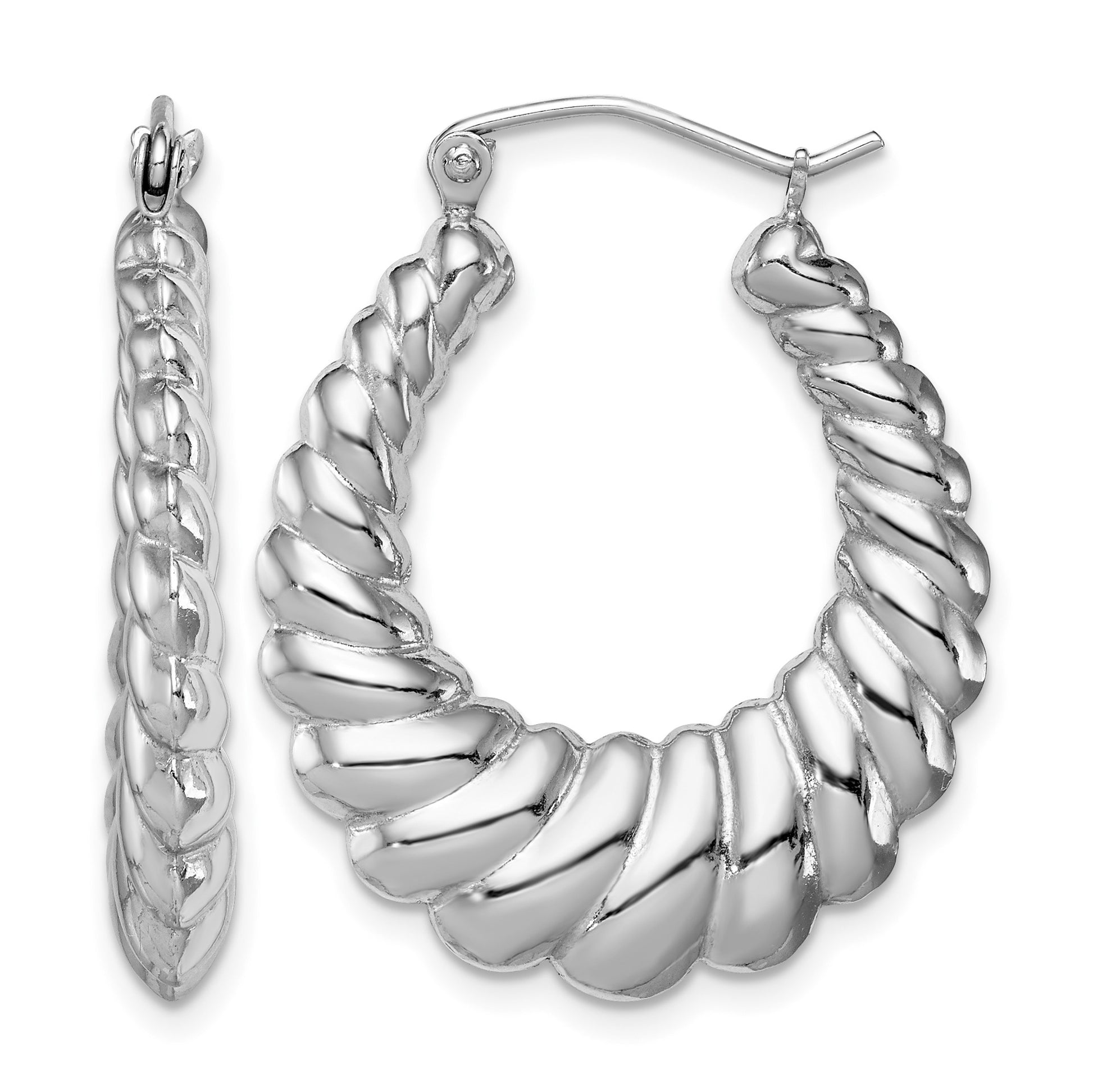 Sterling Silver Rhodium-plated Polished Shrimp Oval Hoop Earrings