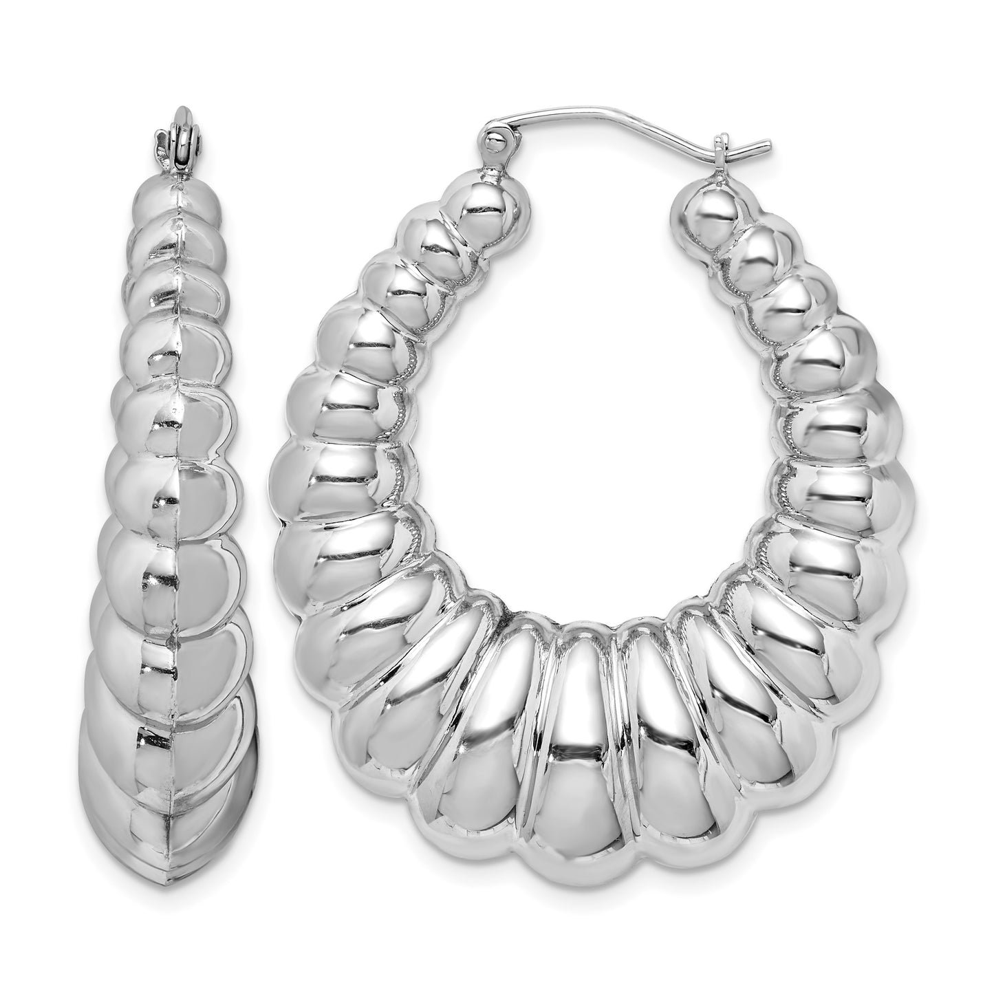 Sterling Silver Rhodium-plated Polished Shrimp Oval Hoop Earrings