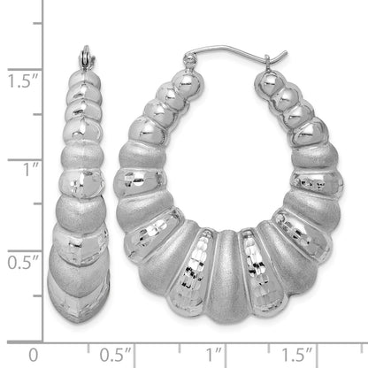 Sterling Silver Rhodium-plated Satin & D/C Shrimp Oval Hoop Earrings