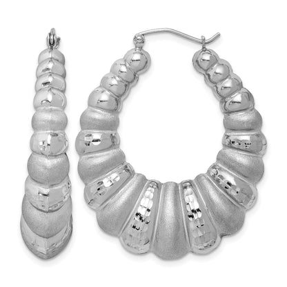 Sterling Silver Rhodium-plated Satin & D/C Shrimp Oval Hoop Earrings