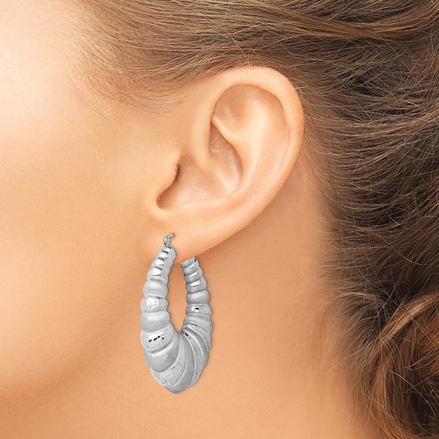 Sterling Silver Rhodium-plated Satin & D/C Shrimp Oval Hoop Earrings