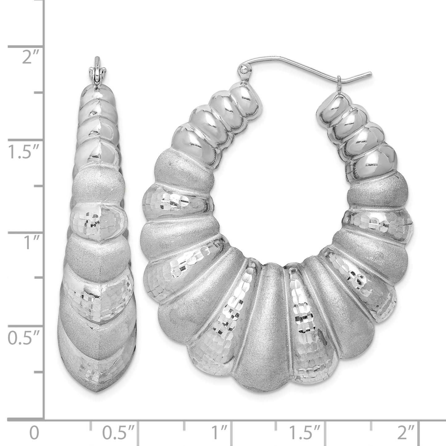 Sterling Silver Rhodium-plated Satin & D/C Shrimp Oval Hoop Earrings