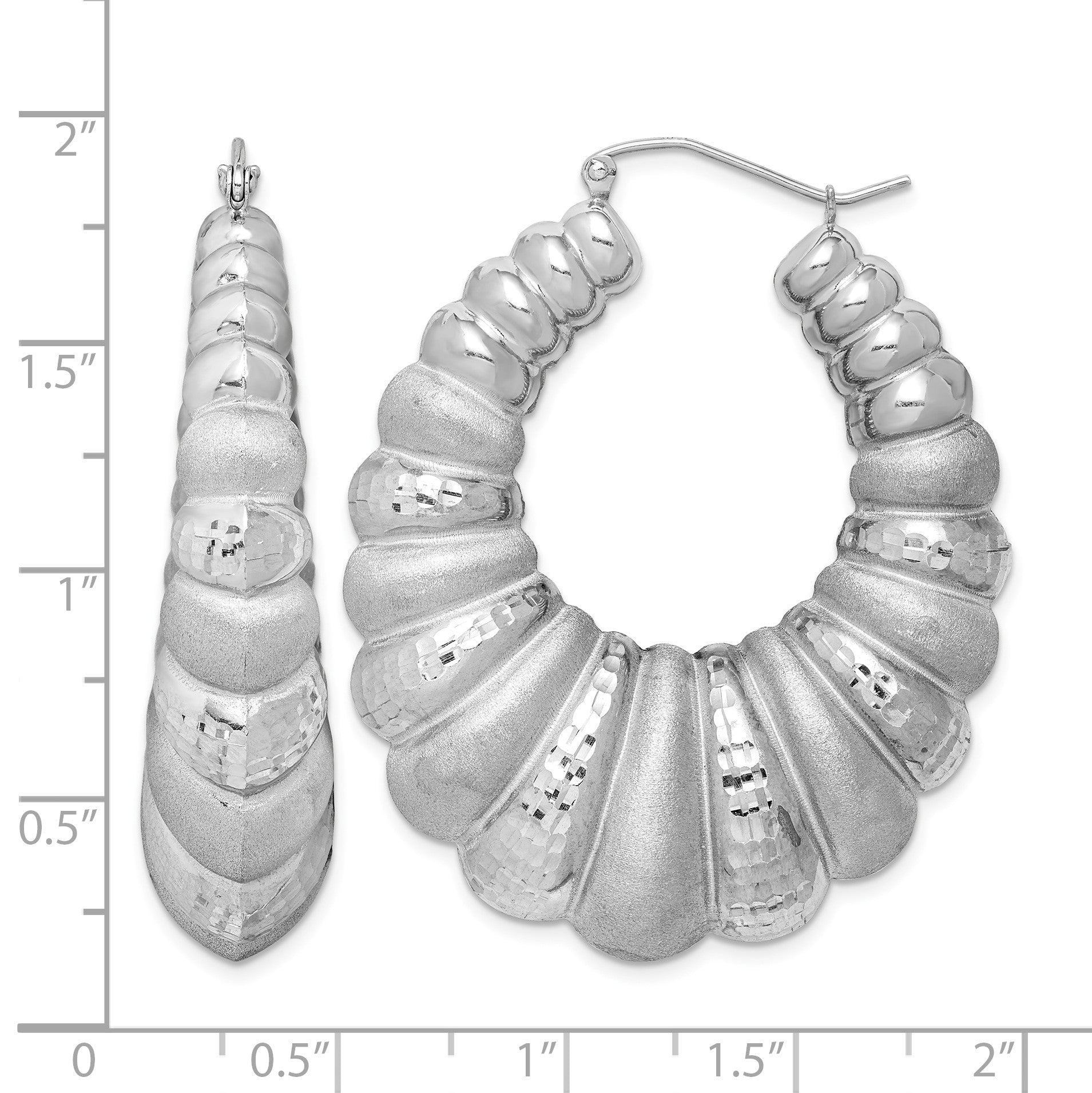 Sterling Silver Rhodium-plated Satin & D/C Shrimp Oval Hoop Earrings