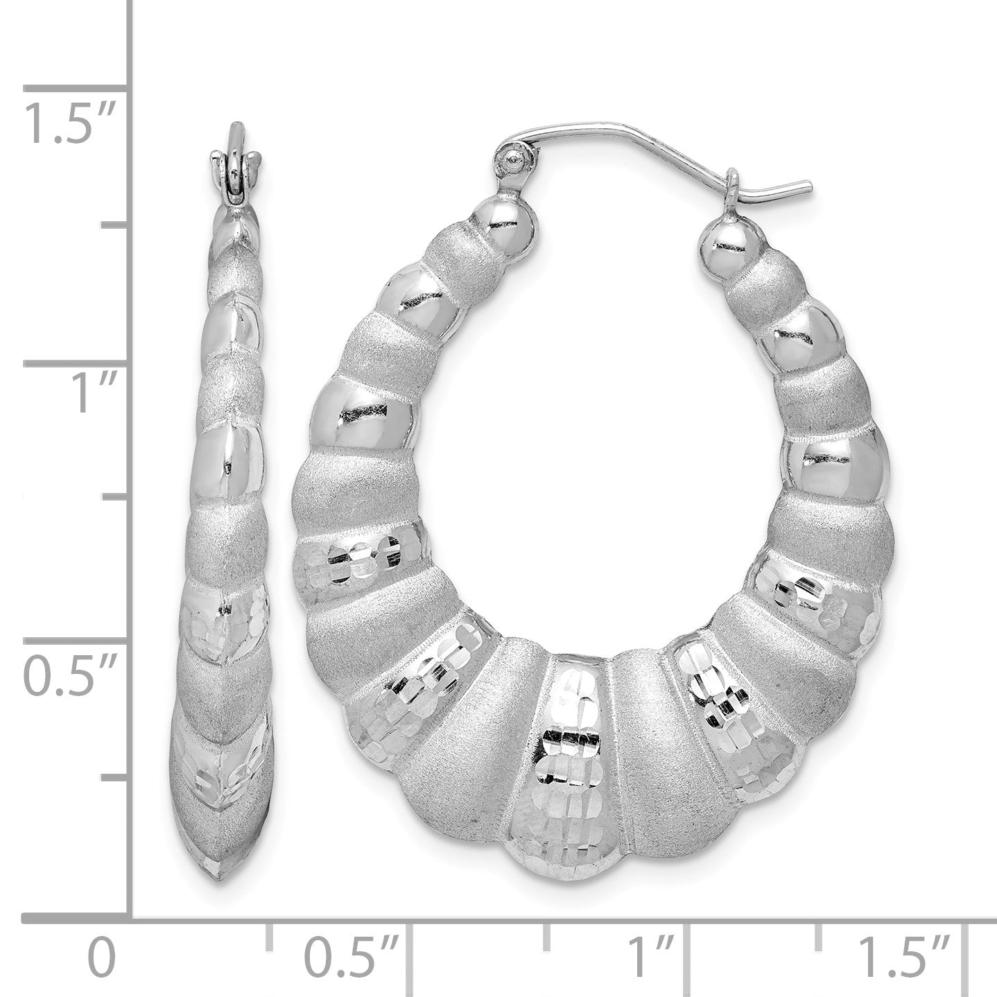 Sterling Silver Rhodium-plated Satin & D/C Shrimp Oval Hoop Earrings