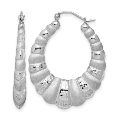 Sterling Silver Rhodium-plated Satin & D/C Shrimp Oval Hoop Earrings