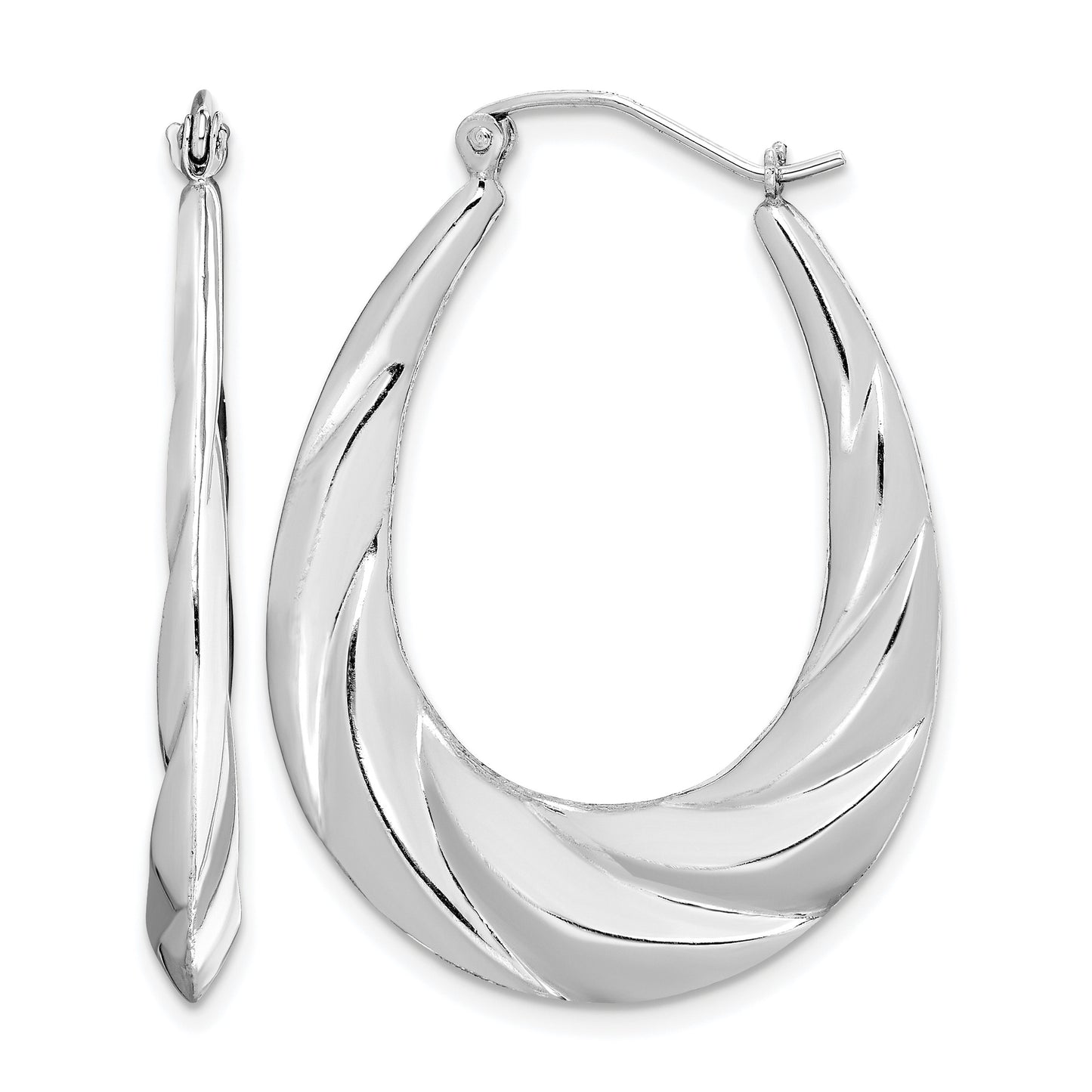 Sterling Silver Rhodium-plated Twisted Scalloped Oval Hoop Earrings