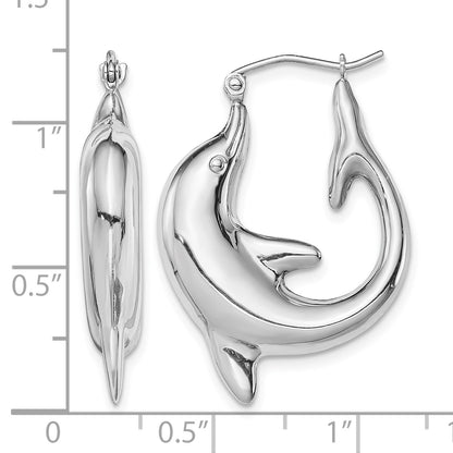 Sterling Silver Rhodium-plated Polished Dolphin Round Hoop Earrings