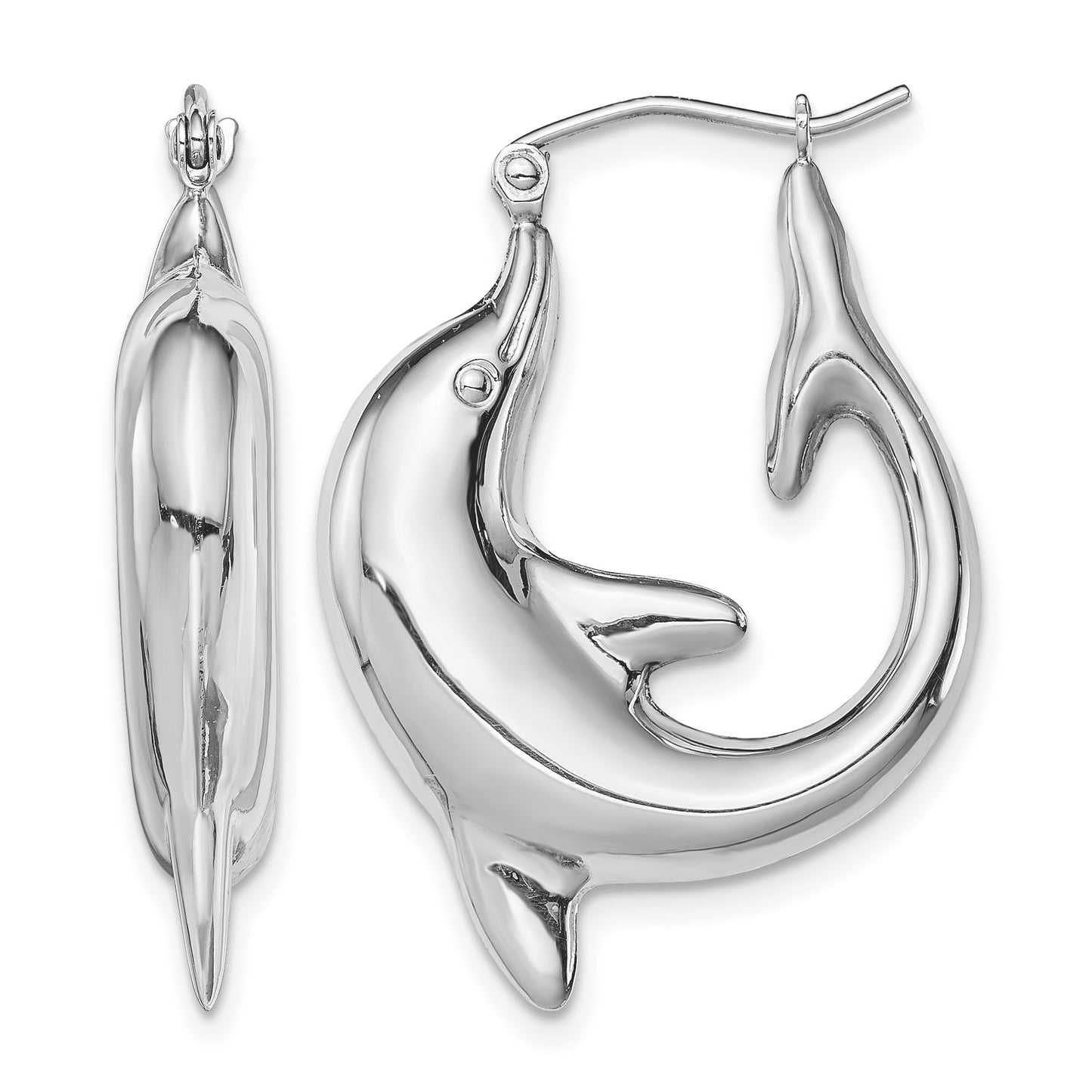 Sterling Silver Rhodium-plated Polished Dolphin Round Hoop Earrings