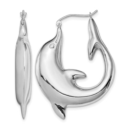 Sterling Silver Rhodium-plated Polished Dolphin Round Hoop Earrings