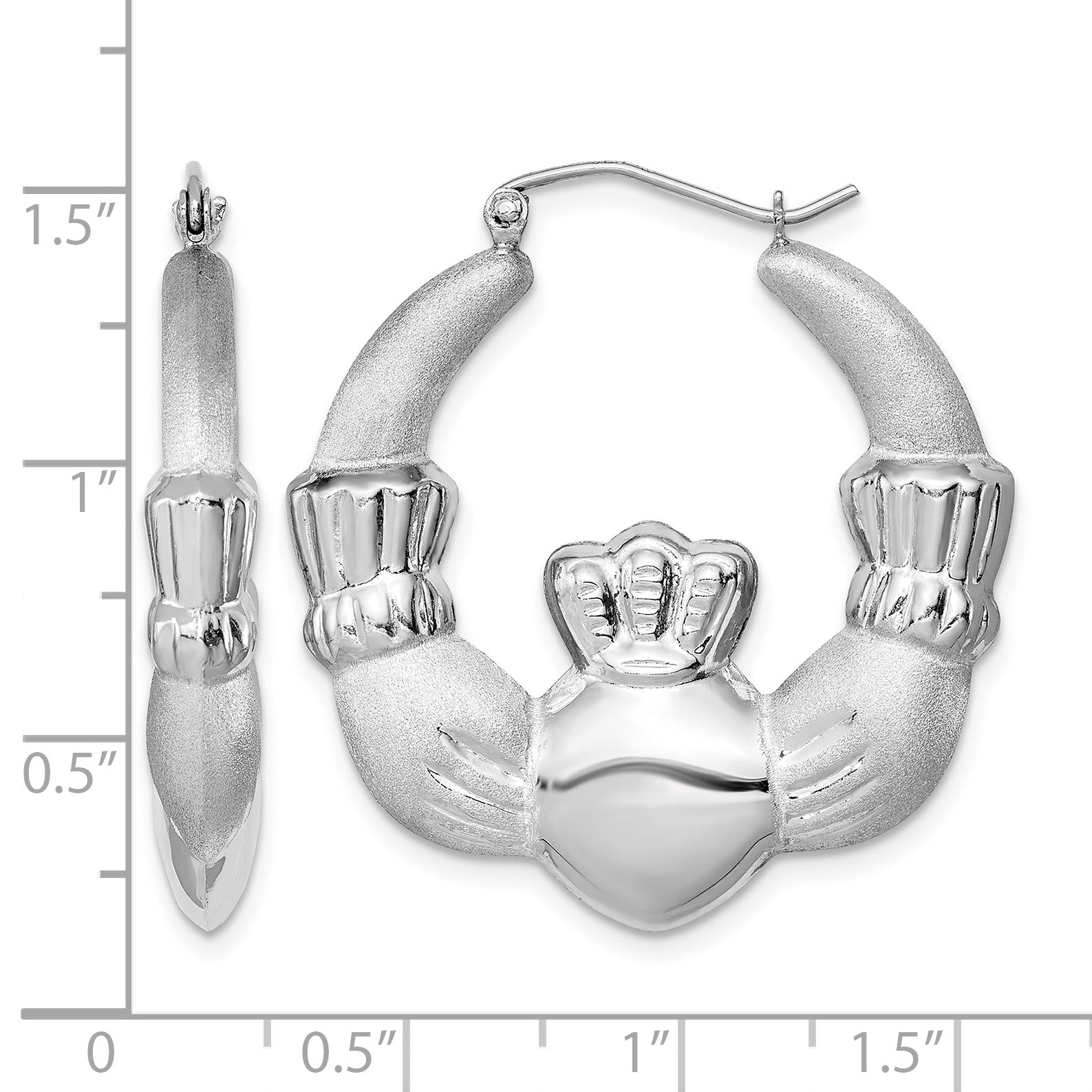 Sterling Silver Rhod-plated Polished/Satin Claddagh Hoop Earrings