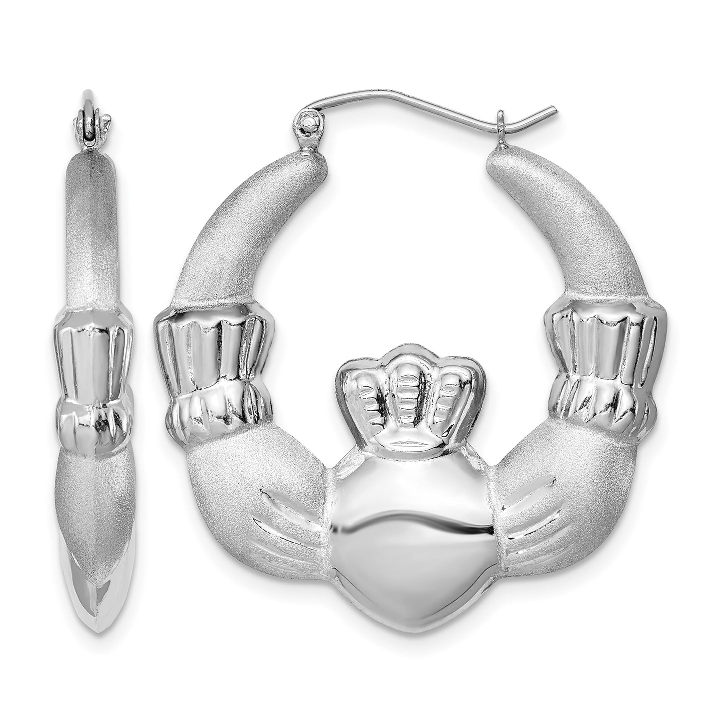 Sterling Silver Rhod-plated Polished/Satin Claddagh Hoop Earrings