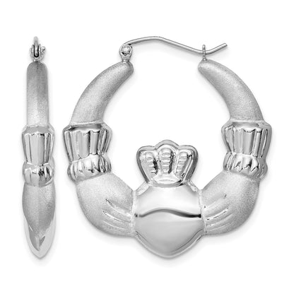 Sterling Silver Rhod-plated Polished/Satin Claddagh Hoop Earrings