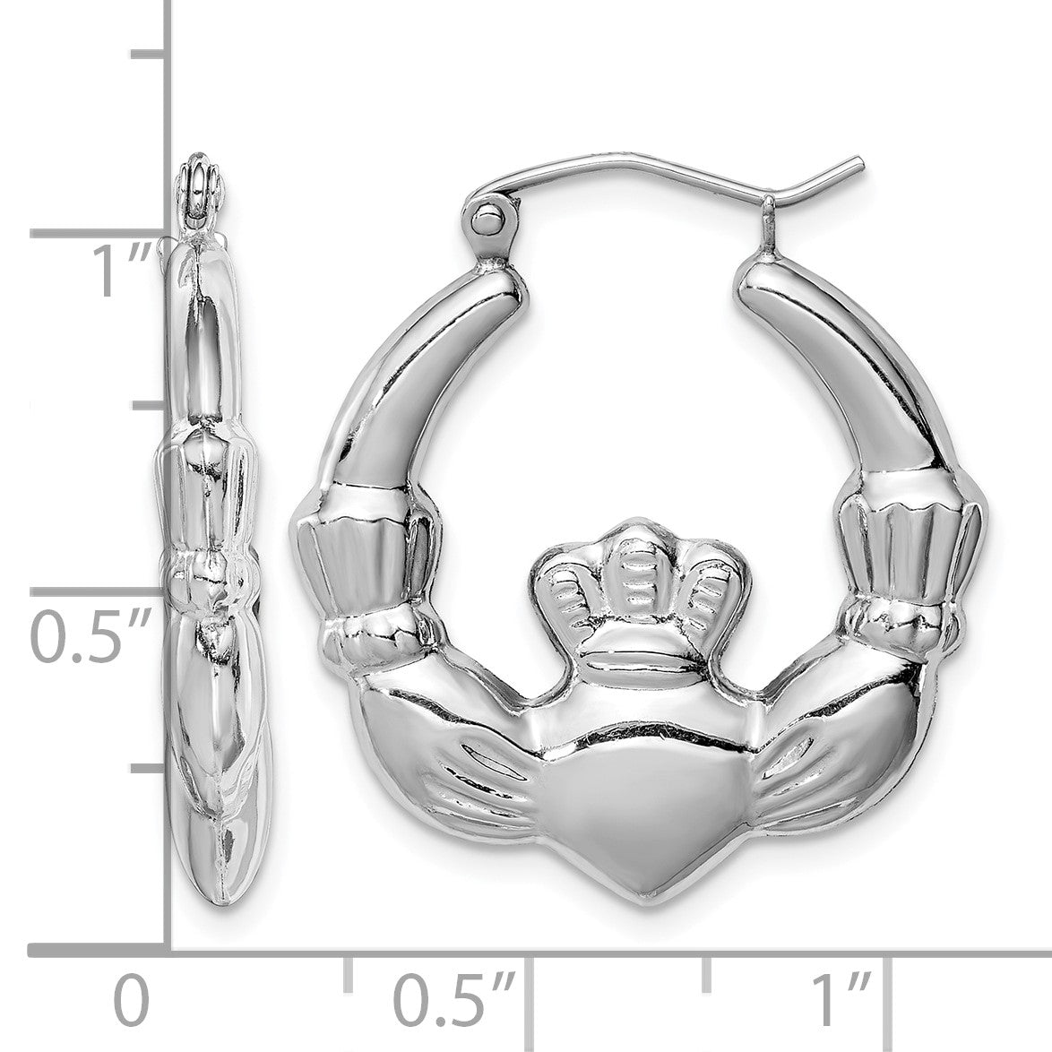 Sterling Silver Rhod-plated Polished Claddagh Round Hoop Earrings