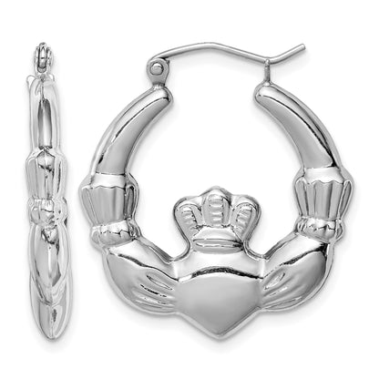 Sterling Silver Rhod-plated Polished Claddagh Round Hoop Earrings