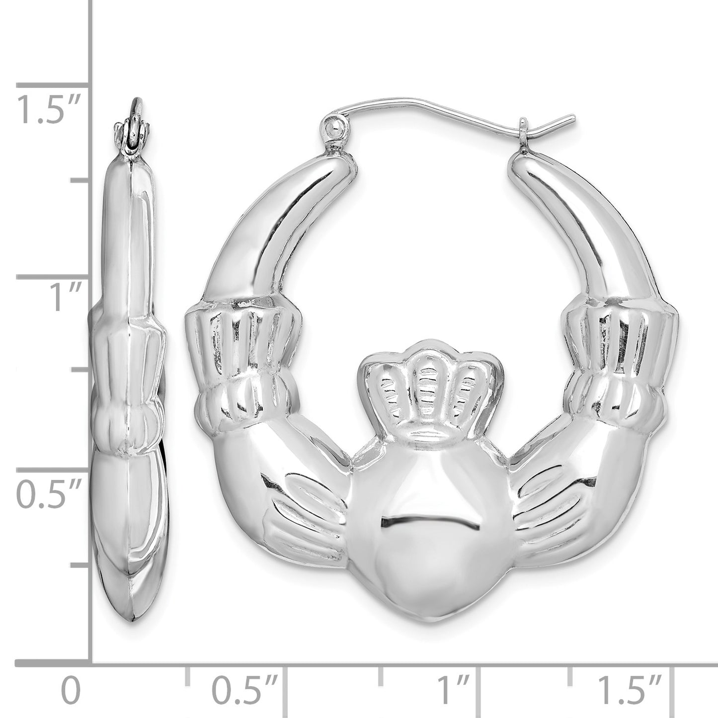 Sterling Silver Rhod-plated Polished Claddagh Round Hoop Earrings