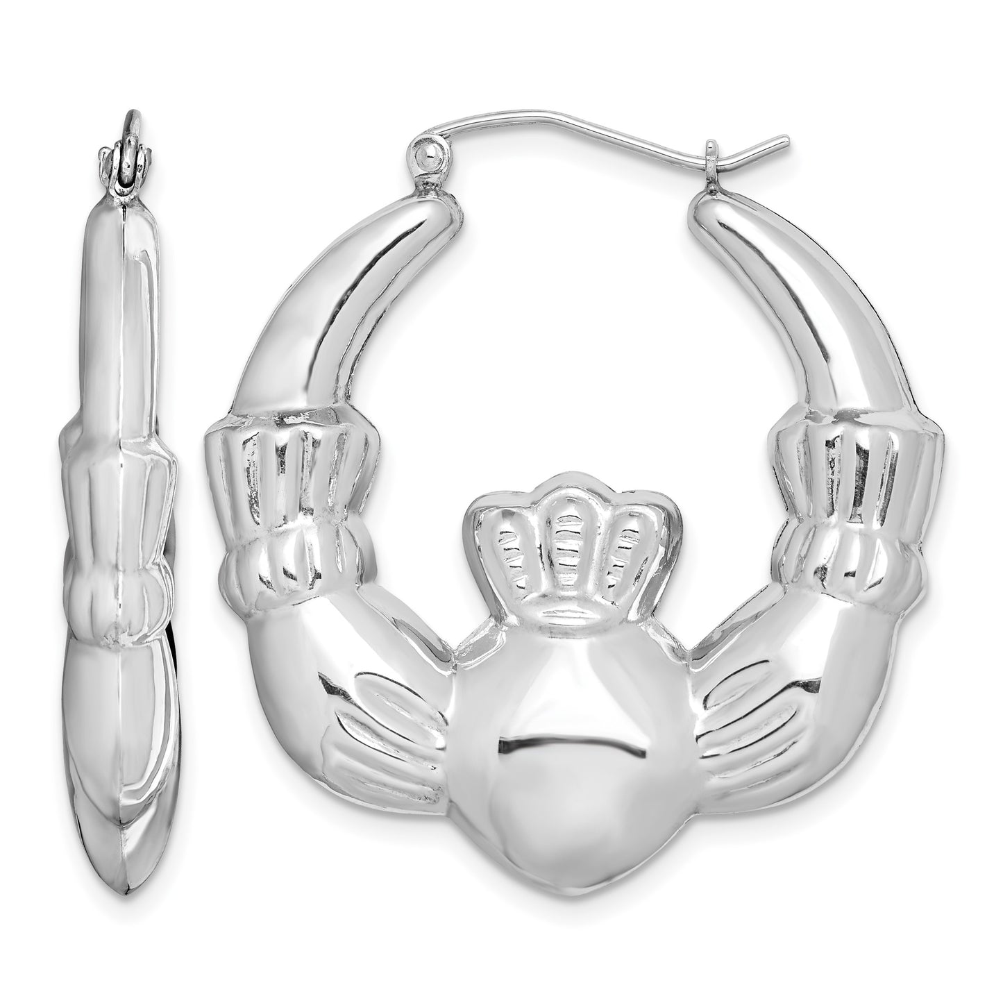 Sterling Silver Rhod-plated Polished Claddagh Round Hoop Earrings