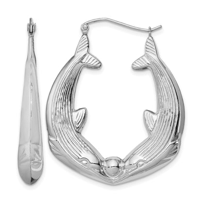Sterling Silver Rhodium-plated Textured Dolphin Round Hoop Earrings