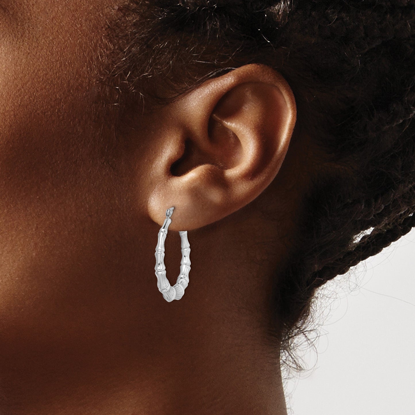 Sterling Silver Rhodium-plated Bamboo Round Hoop Earrings