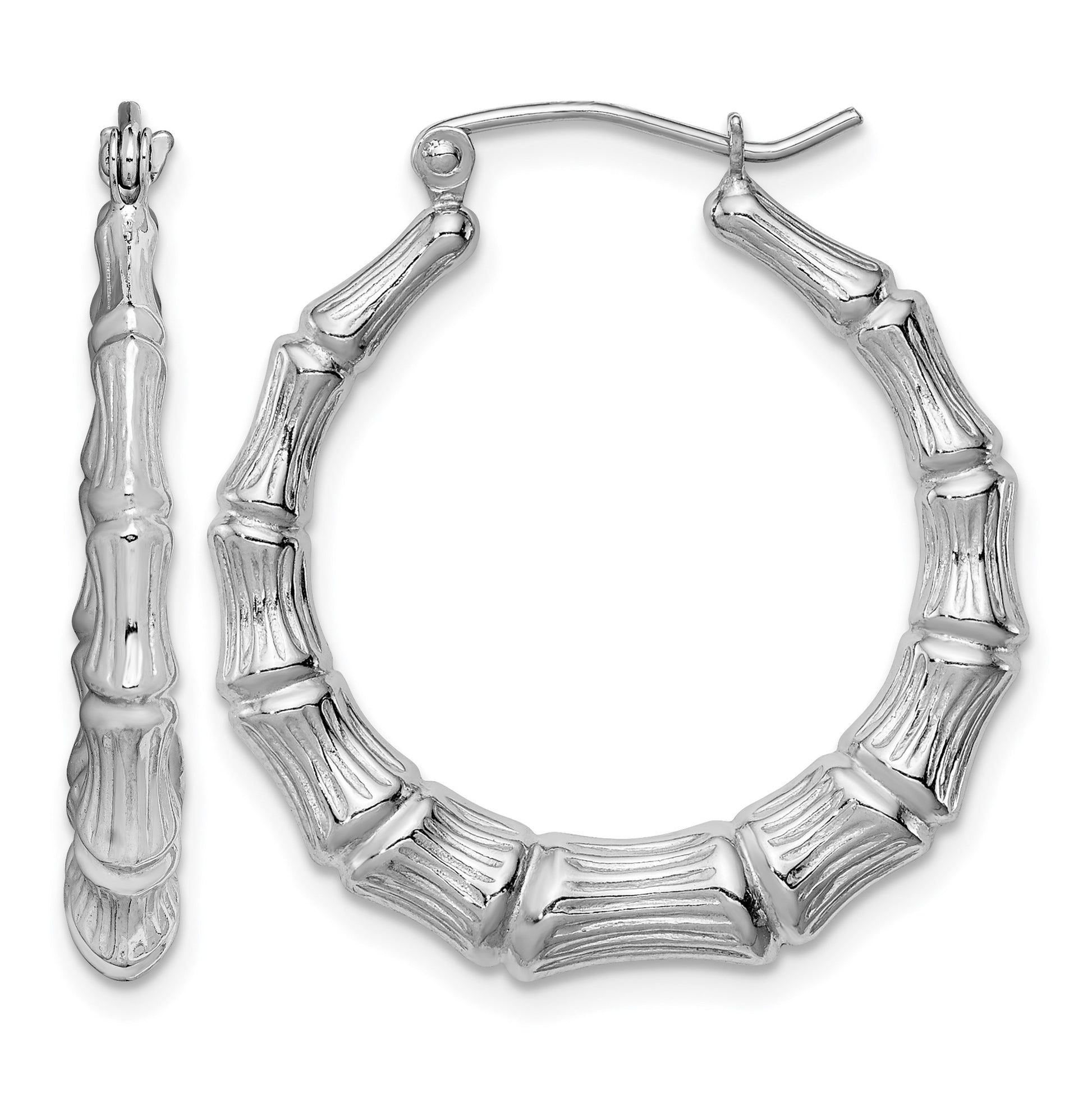 Sterling Silver Rhodium-plated Bamboo Round Hoop Earrings