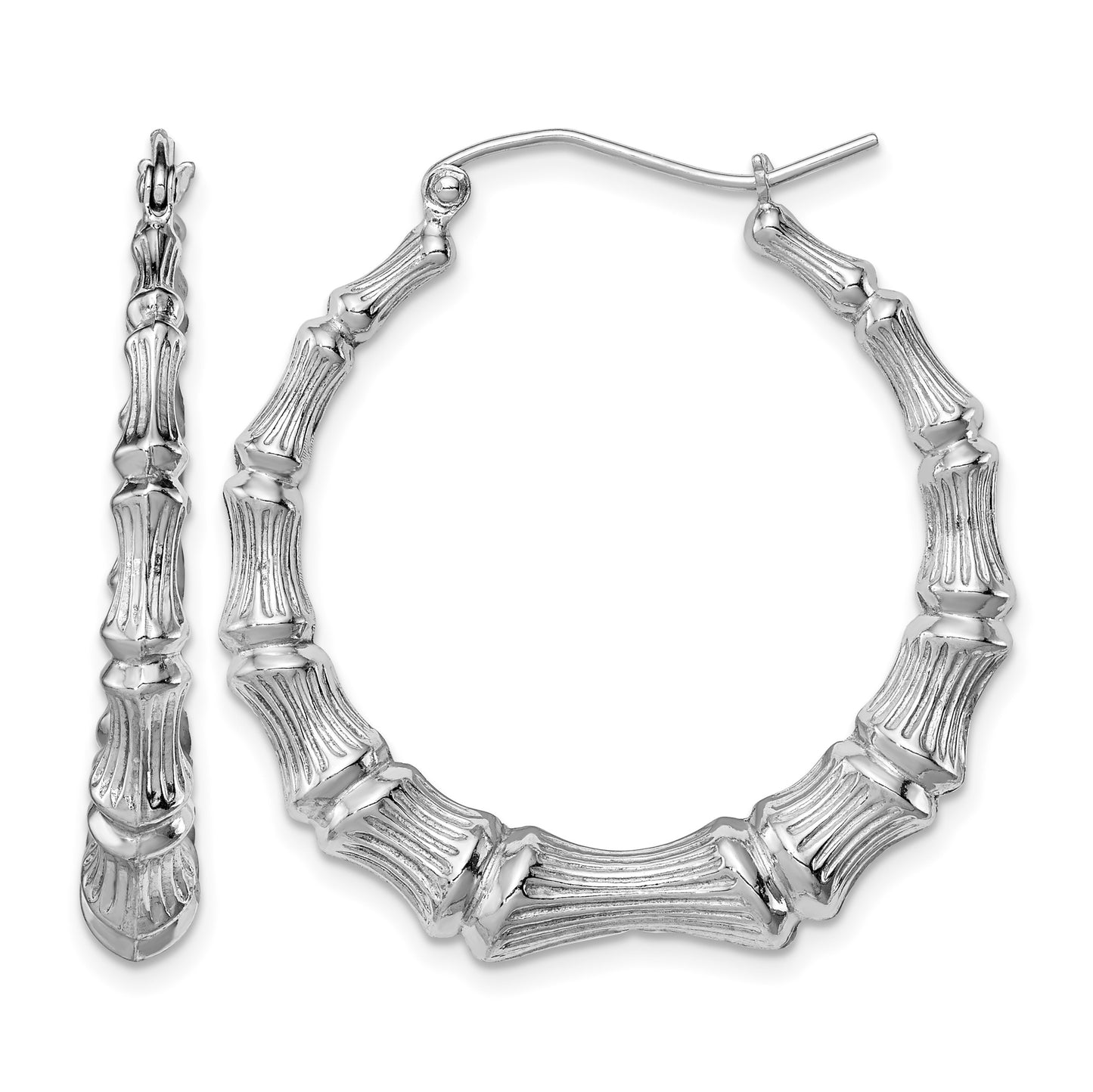 Sterling Silver Rhodium-plated Bamboo Round Hoop Earrings