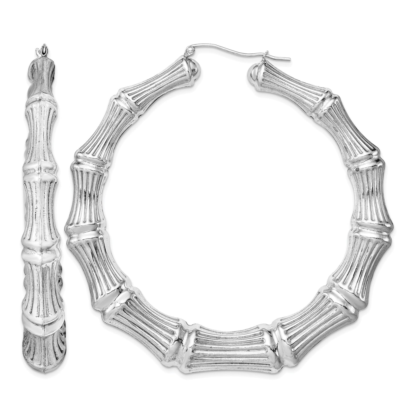 Sterling Silver Rhodium-plated Bamboo Round Hoop Earrings