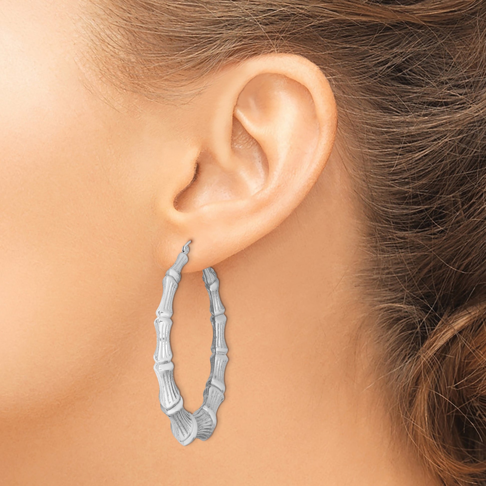 Sterling Silver Rhodium-plated Bamboo Round Hoop Earrings