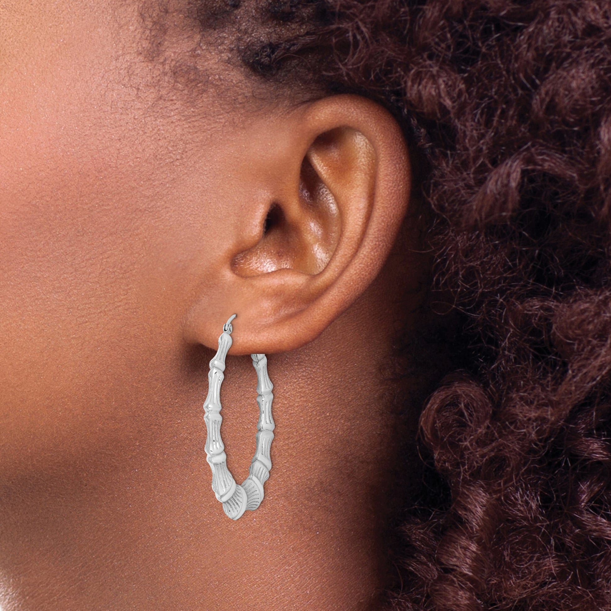 Sterling Silver Rhodium-plated Bamboo Round Hoop Earrings