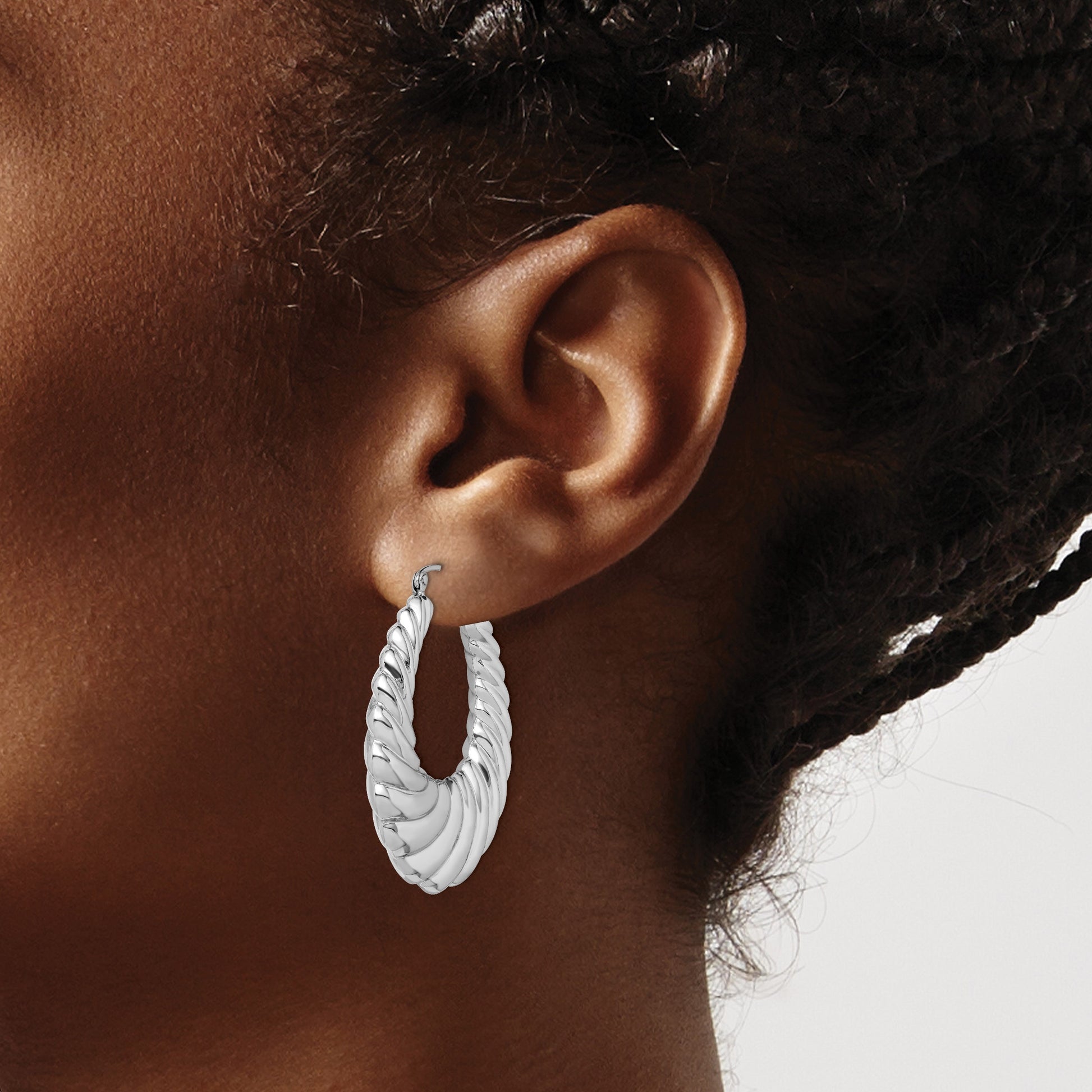 Sterling Silver Rhodium-plated Polished Shrimp Oval Hoop Earrings