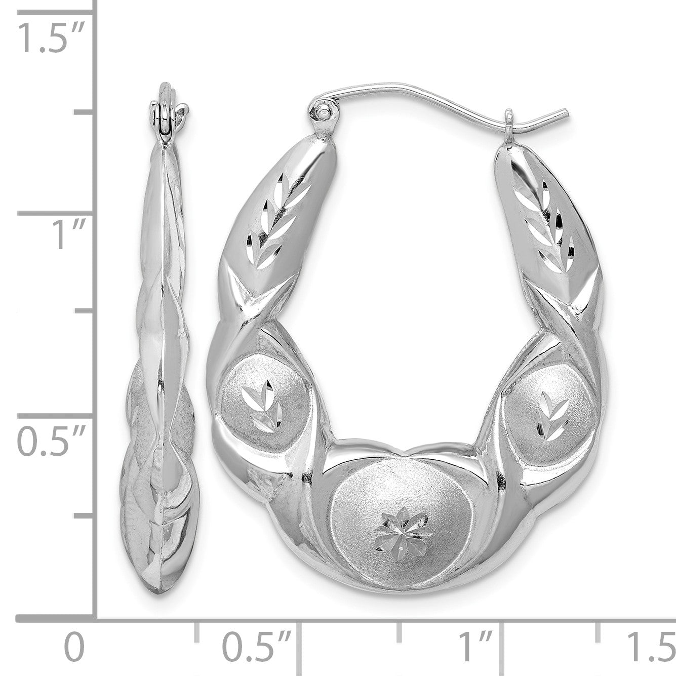 Sterling Silver Rhod-plated Satin & D/C Scalloped Oval Hoop Earrings
