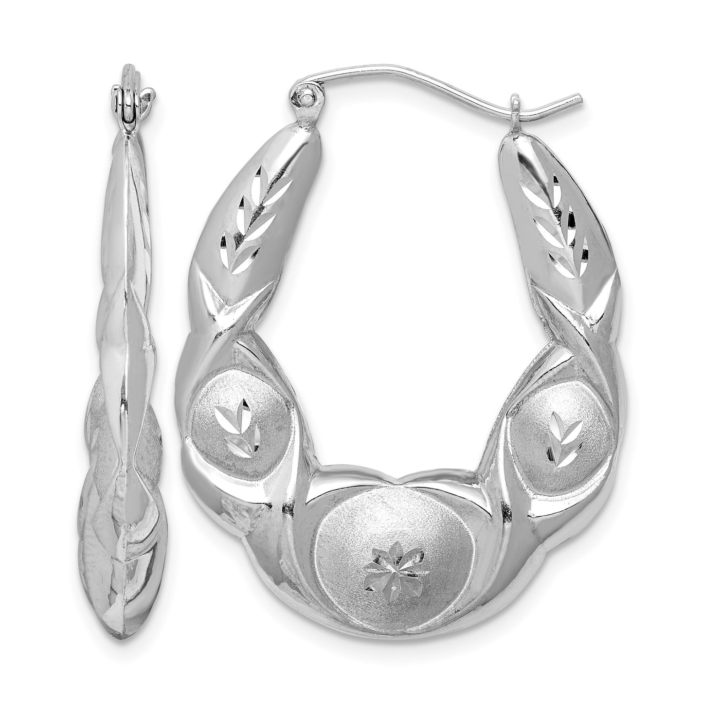 Sterling Silver Rhod-plated Satin & D/C Scalloped Oval Hoop Earrings