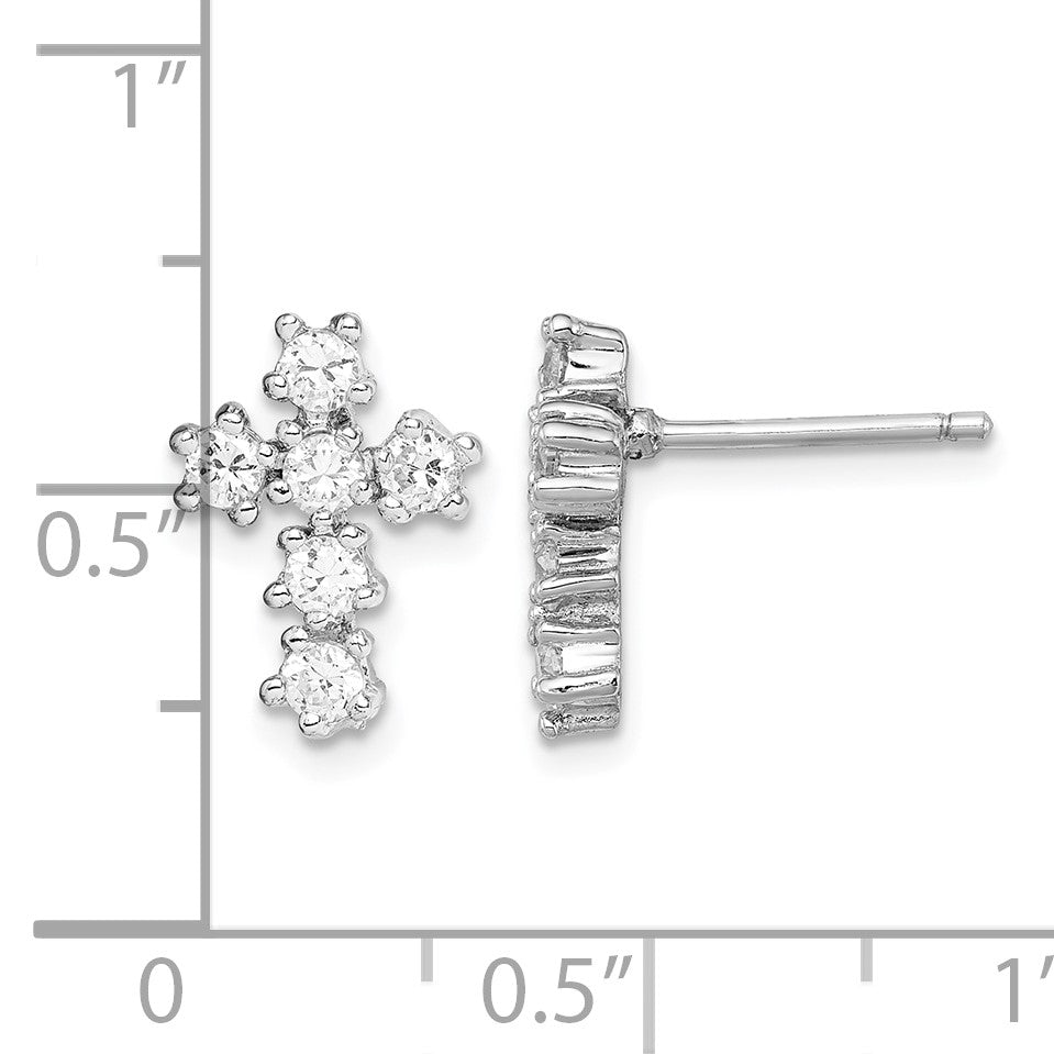 Sterling Silver Rhodium-plated Polished CZ Cross Post Earrings