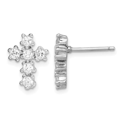 Sterling Silver Rhodium-plated Polished CZ Cross Post Earrings