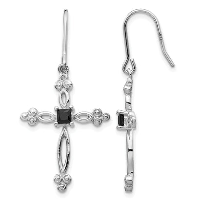 Sterling Silver Rhodium-plated Polished Diamond Accent & Black CZ Budded Cross Dangle Earrings