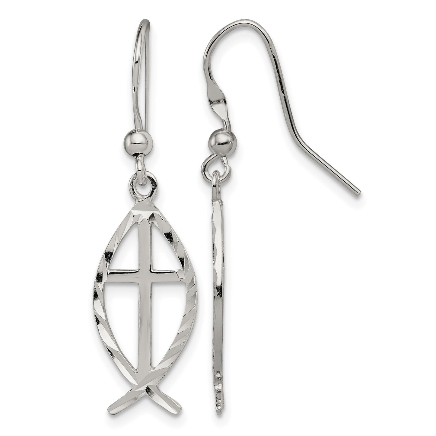 Sterling Silver Polished & D/C Cross & Ichthus Dangle Earrings